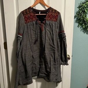 S hippie boho embroidered tunic dress tassels ties long sleeve gray